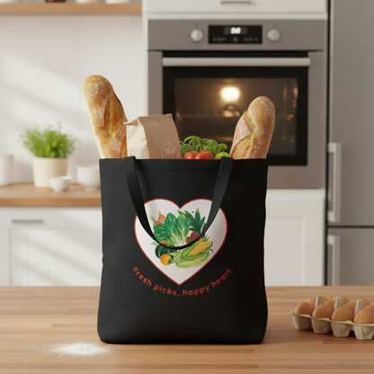 A black reusable tote bag with a heart-shaped vegetable graphic and the words 'Fresh picks, happy heart' sits on a wooden countertop in a bright kitchen. The bag is filled with bread, a paper bag, and vegetables, with an oven and refrigerator in the background.
