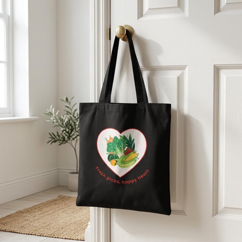 A black canvas tote bag with a heart-shaped vegetable graphic and the text 'fresh picks, happy heart' hangs from a brass doorknob on a white paneled door in a bright room.