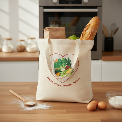 A cream canvas grocery tote bag with a colorful heart-shaped vegetable graphic and the text 'Fresh picks, happy heart' sits on a wooden kitchen counter. A loaf of bread, eggs, flour, and kitchen items are visible in a bright, modern kitchen setting.