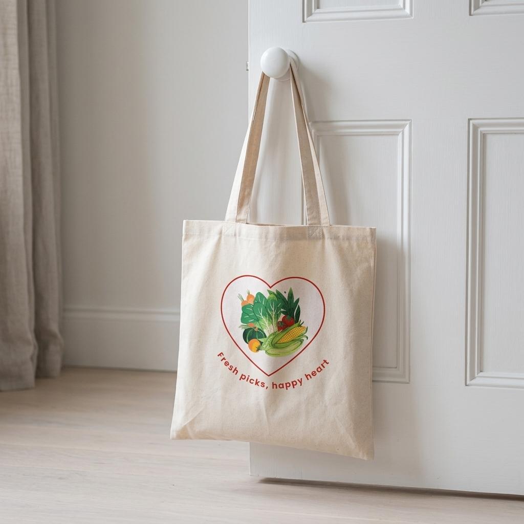 A natural canvas tote bag with a heart graphic of fresh vegetables and the text 'Fresh picks, happy heart' hanging from a white door knob in a bright room.