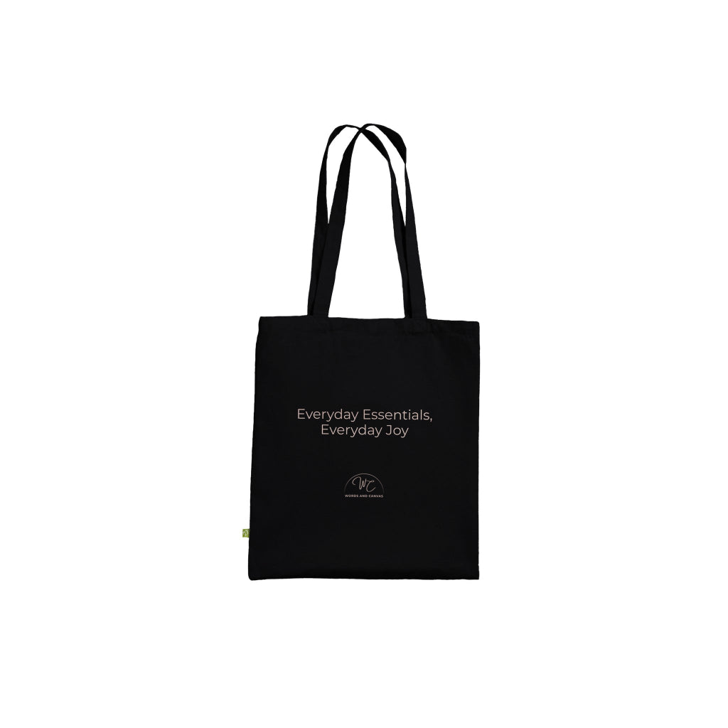 Black tote bag with a logo on a white background