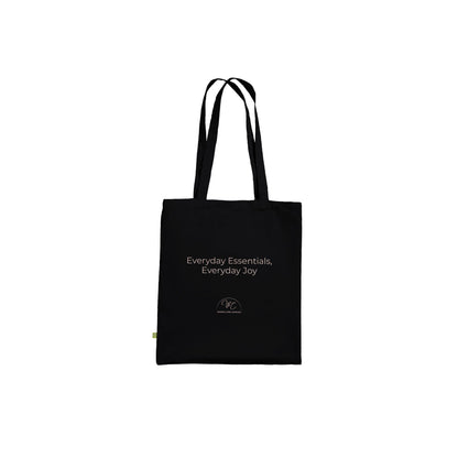 Black tote bag with a logo on a white background
