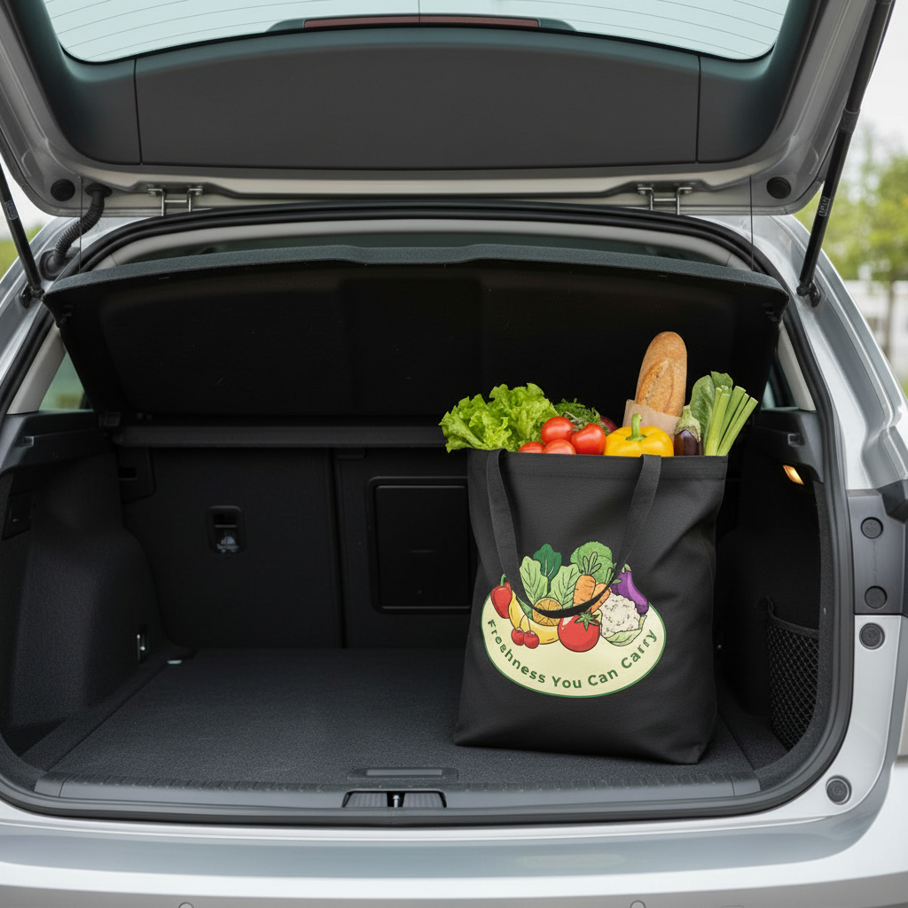 A black reusable grocery tote bag with a colorful vegetable illustration and the text 'freshness you can carry' sits in the open trunk of a silver car, filled with fresh produce and a loaf of bread.