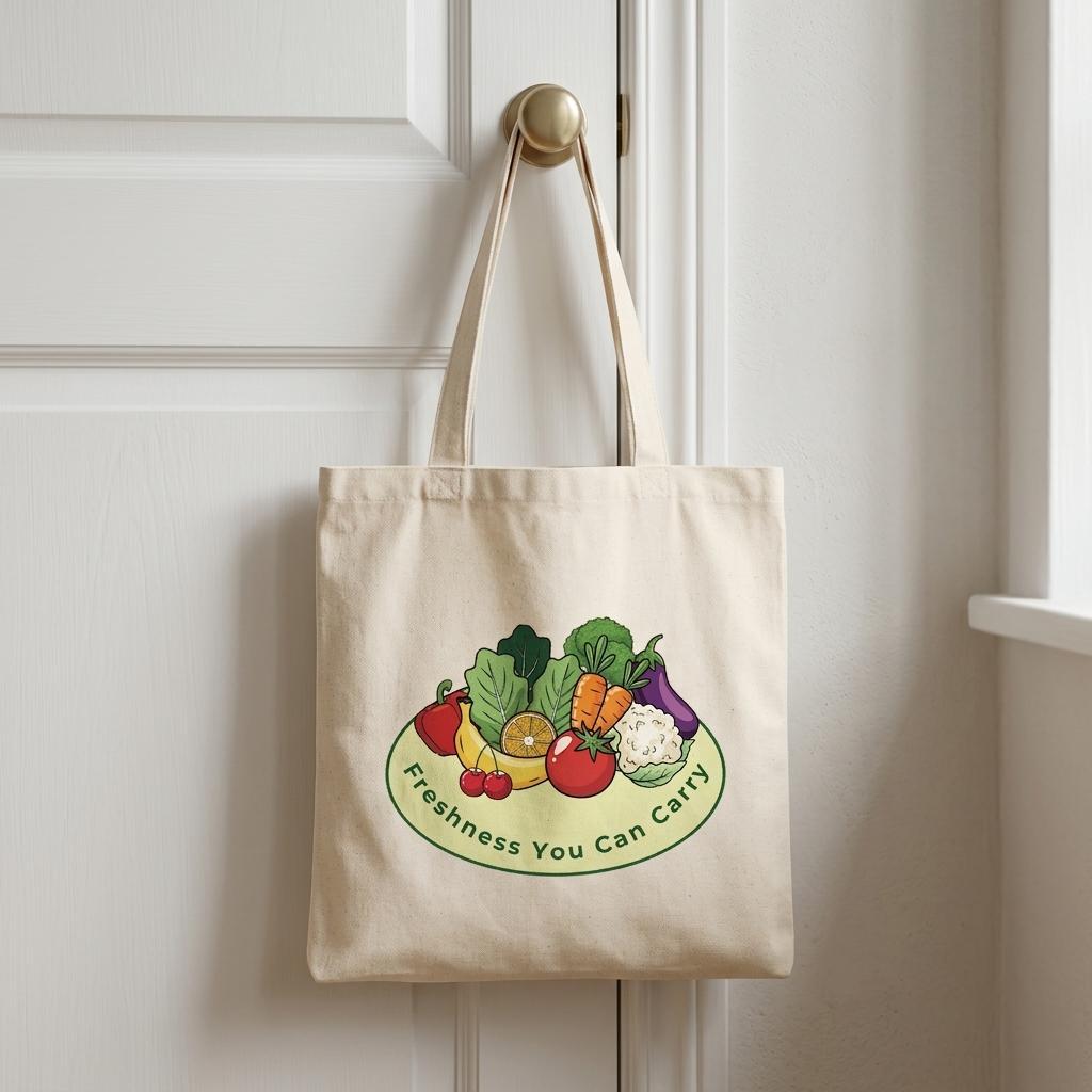 A natural canvas tote bag hanging from a brass doorknob on a white paneled door. The bag features a colorful graphic of fresh vegetables on a plate with the text 'Freshness You Can Carry'.