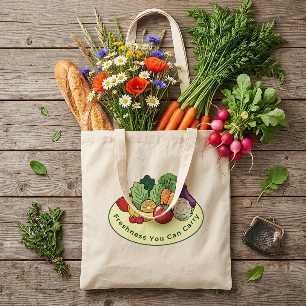 A beige canvas tote bag with a colorful vegetable graphic and the text 'Freshness You Can Carry' is filled with groceries, including carrots, radishes, a loaf of bread, and flowers, arranged on a rustic wooden surface.