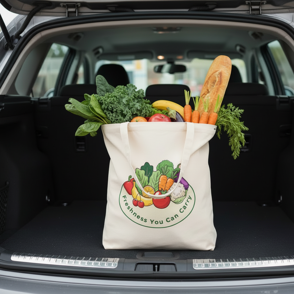 A cream canvas grocery tote bag with a colorful produce graphic and the text 'Freshness You Can Carry' sits in the open trunk of a car, filled with fresh vegetables, a banana, carrots, and a baguette.