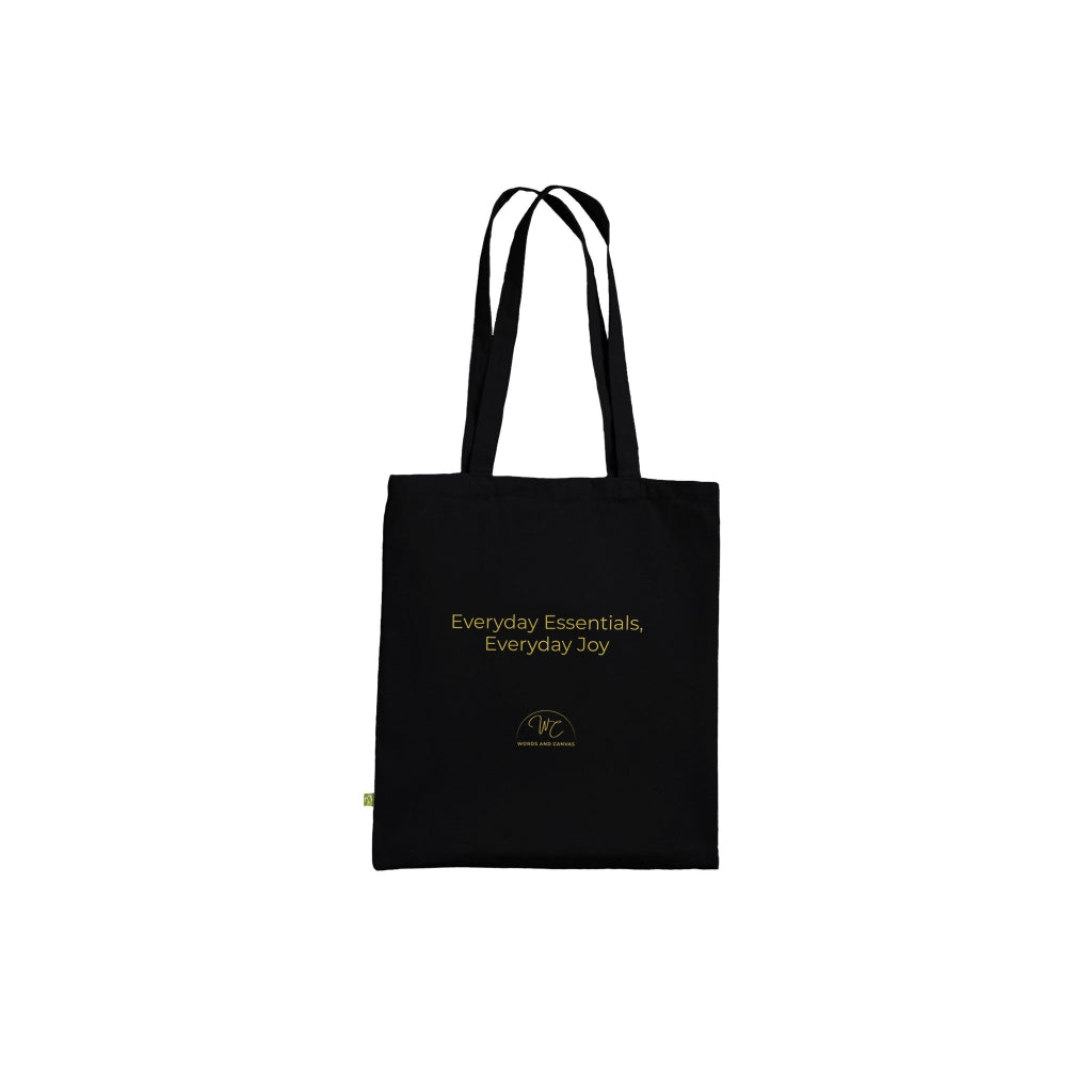 Black tote bag with a logo on a white background
