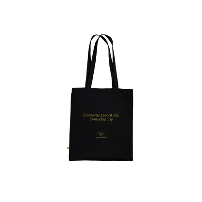 Black tote bag with a logo on a white background