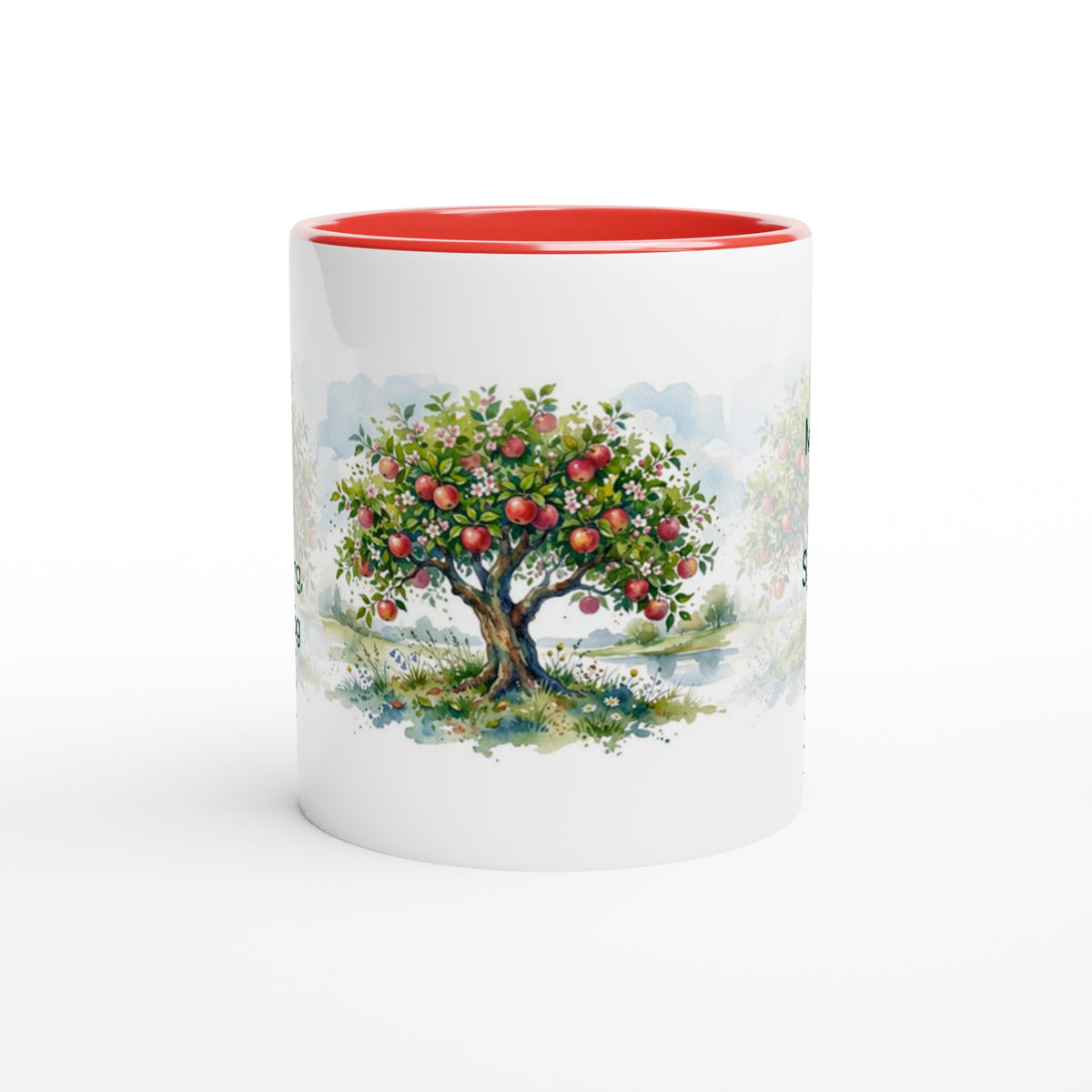 A white ceramic mug with a vibrant red interior and a printed watercolor illustration of an apple tree with red apples on the front, set against a clean white background.