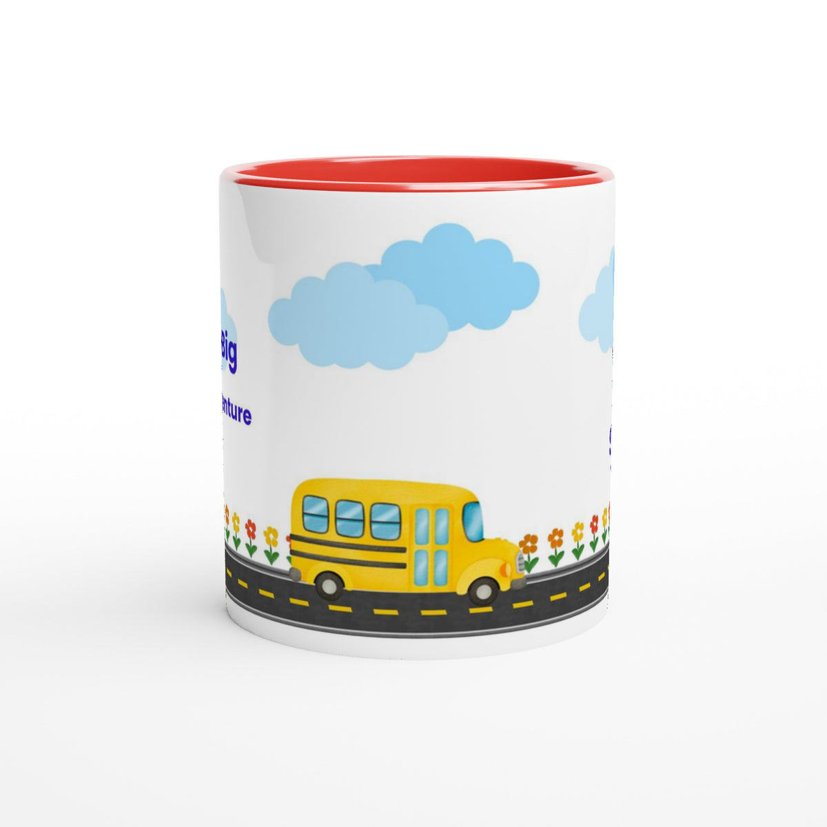 A white ceramic mug with a red interior, featuring a cartoon illustration of a yellow school bus on a road with blue clouds and small flowers.