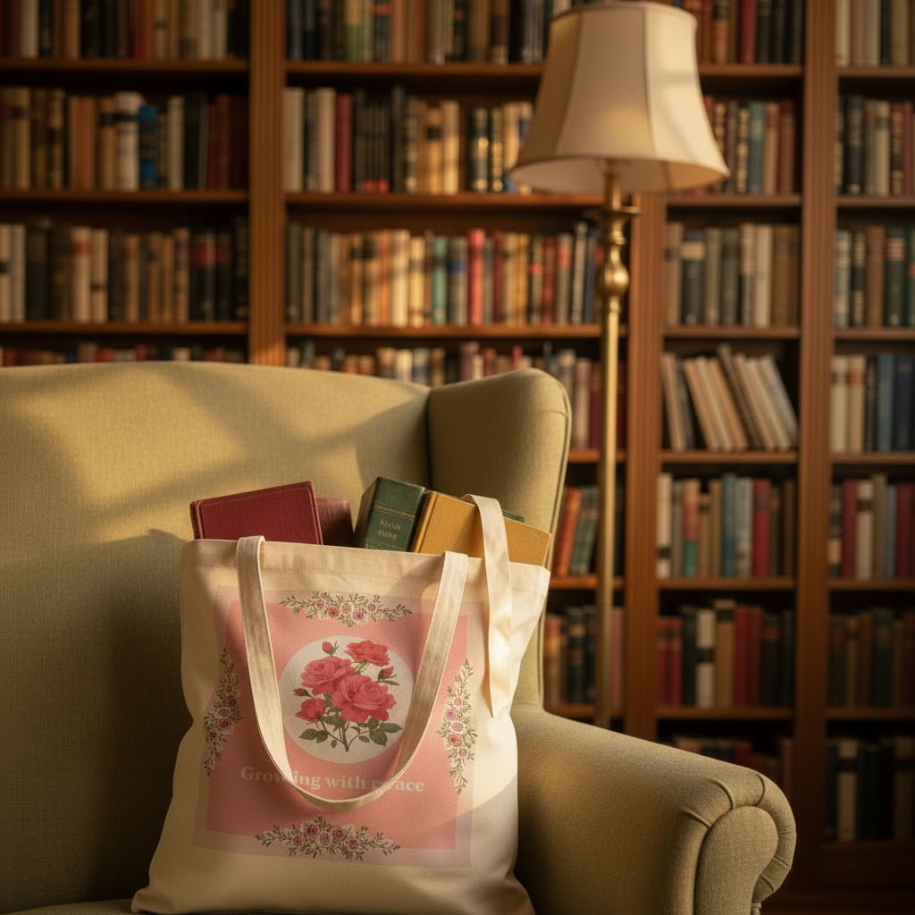 A cream canvas tote bag with a pink floral print and the words 'Growing with Grace' sits on a beige armchair in a cozy library setting with bookshelves and a lamp in the background.