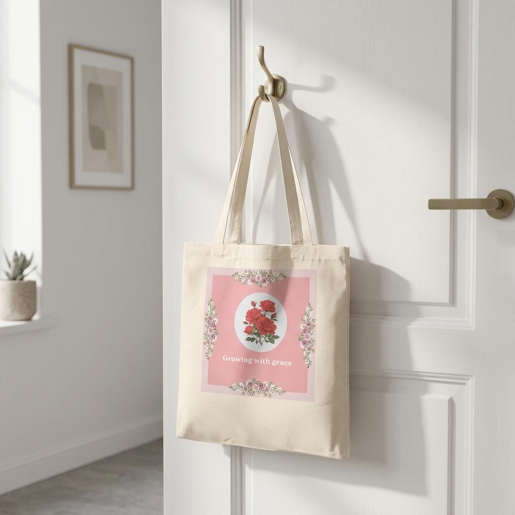 A cream canvas tote bag with a pink floral print hangs from a brass hook on a white paneled door in a bright, modern room.