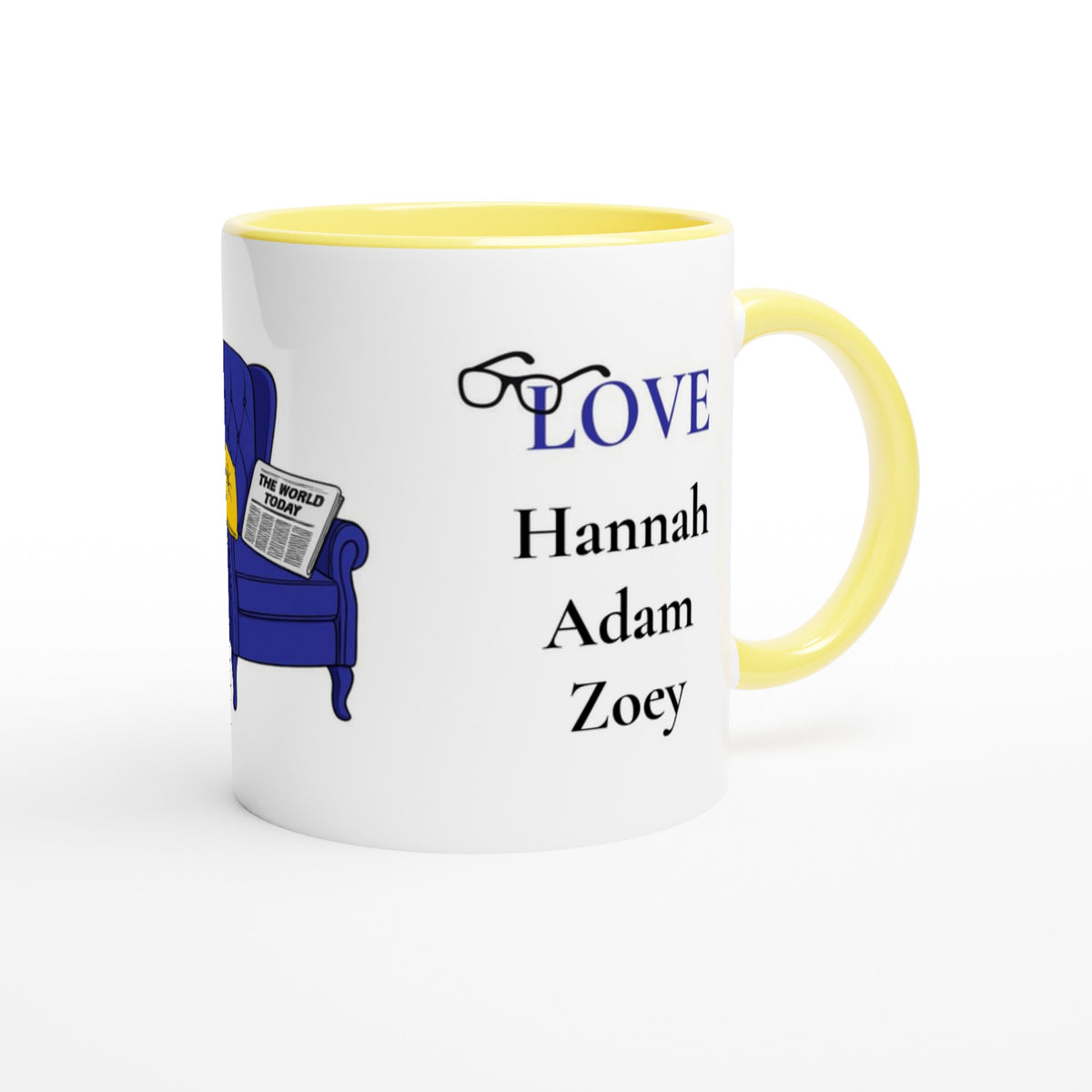 A white ceramic coffee mug with a yellow interior and handle, featuring a blue armchair illustration and the word 'LOVE' above the names Hannah, Adam, and Zoey.