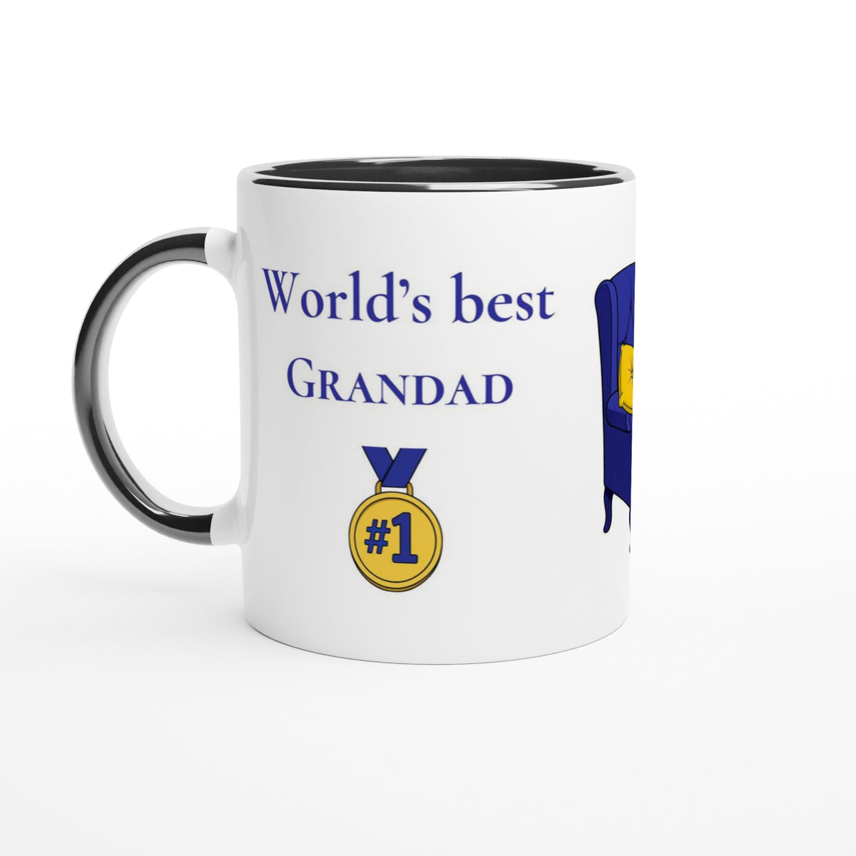 A white ceramic mug with a black handle and interior, printed with the text 'World's best GRANDAD' in blue, a gold '#1' medal graphic, and part of a blue chair illustration on a white background.
