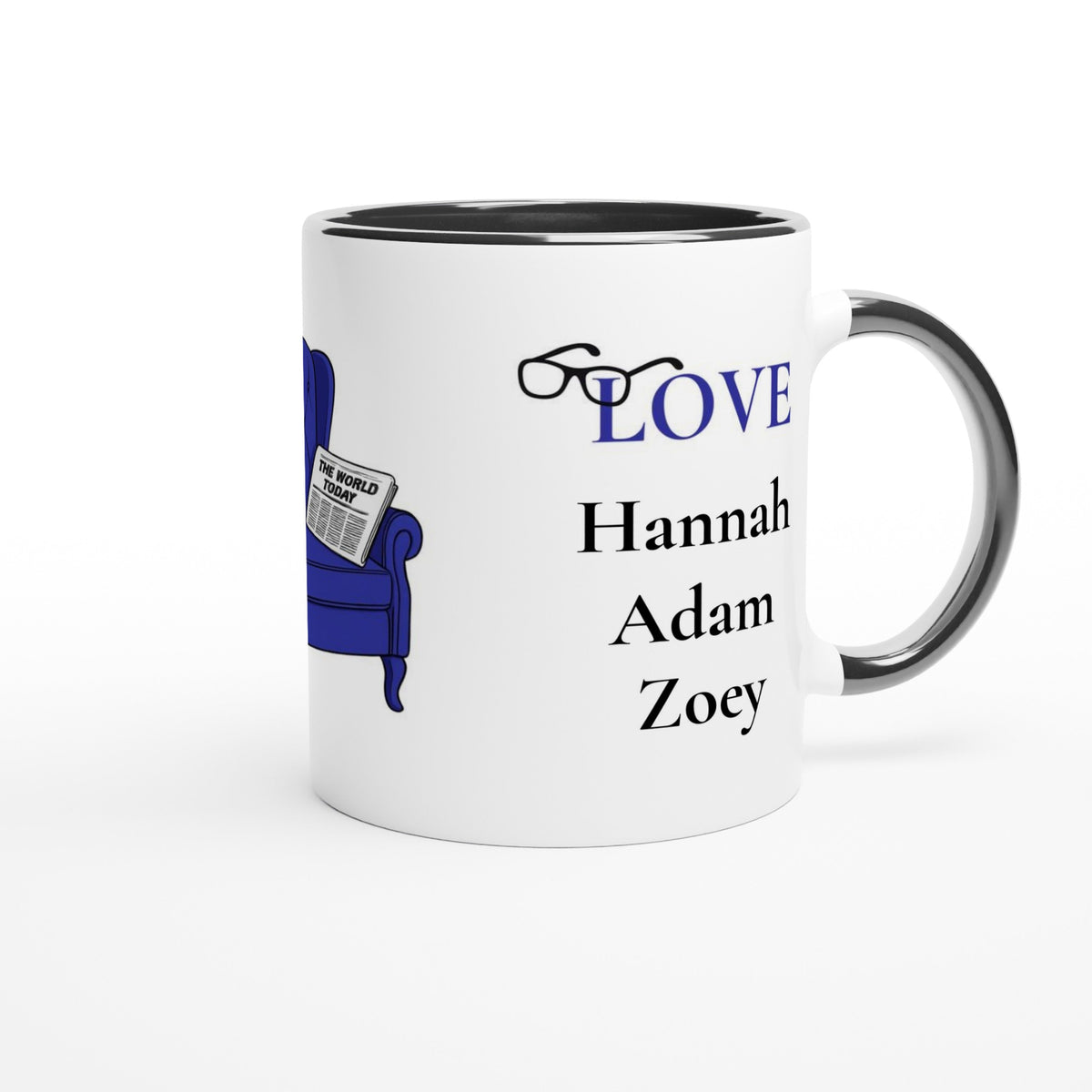 A white ceramic coffee mug with a black interior and handle, featuring a blue armchair illustration and the word 'LOVE' in blue, alongside the names Hannah, Adam, and Zoey in black text.