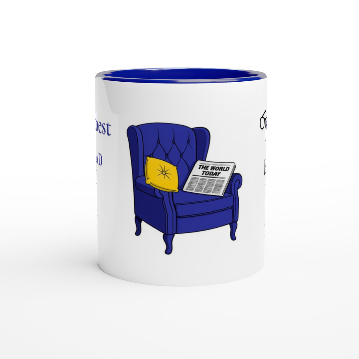A white ceramic mug with a dark blue interior rim, featuring a cartoon illustration of a blue armchair with a yellow pillow and a newspaper reading 'THE WORLD TODAY'.