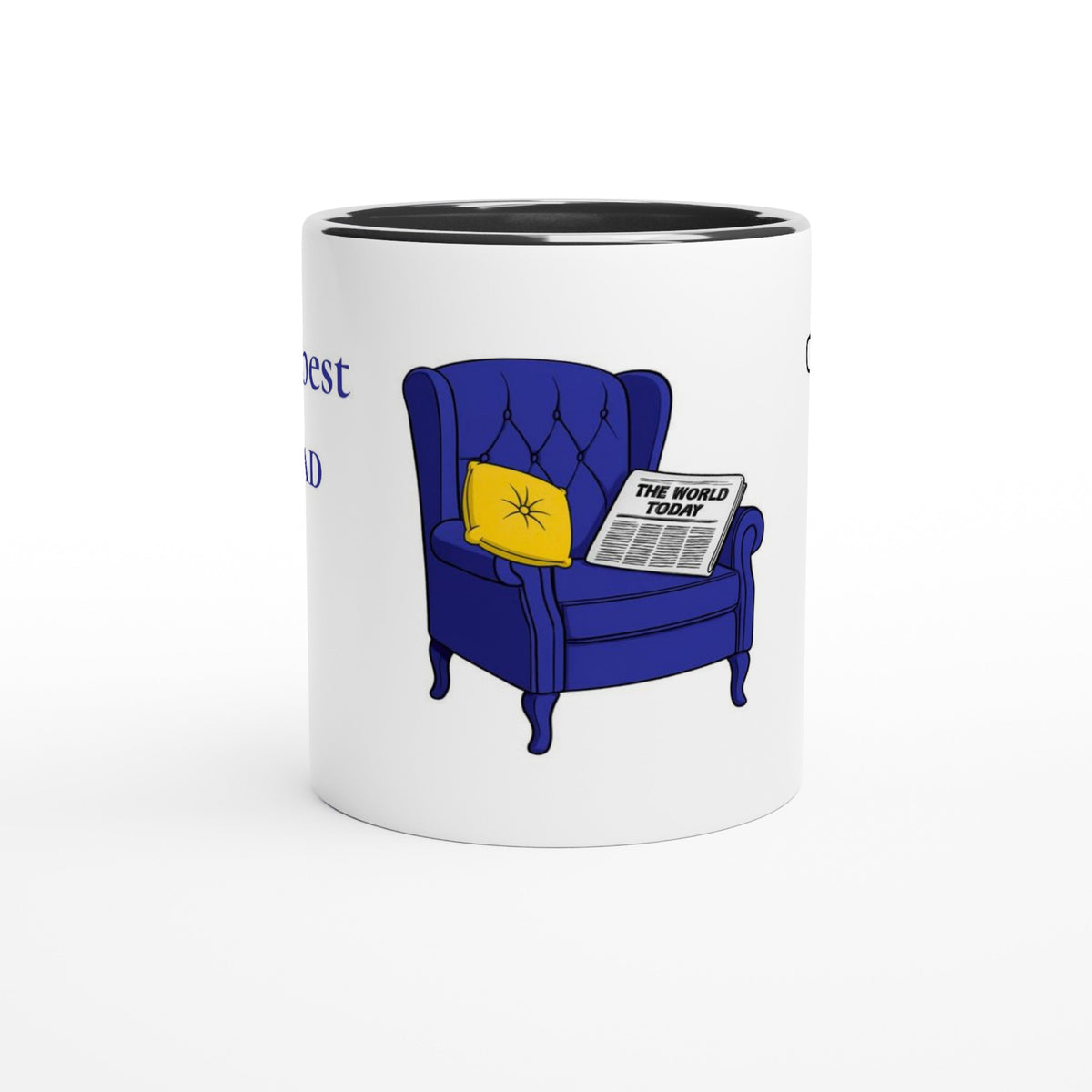 A white ceramic coffee mug with a black interior, featuring a graphic illustration of a blue armchair with a yellow pillow and a newspaper, on a clean white background.