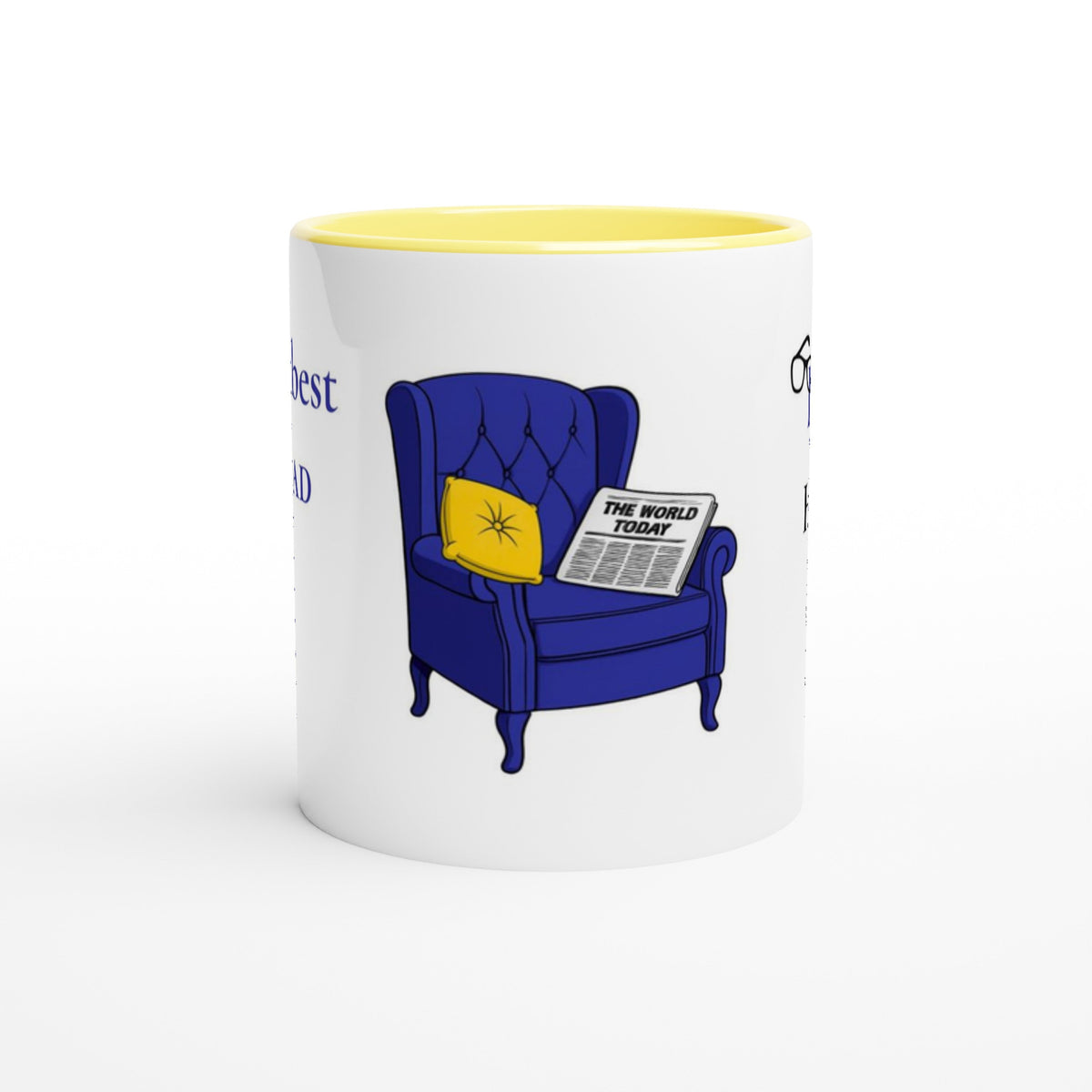 A white ceramic mug with a yellow interior, featuring a cartoon illustration of a blue armchair with a yellow pillow and a newspaper reading 'THE WORLD TODAY'.