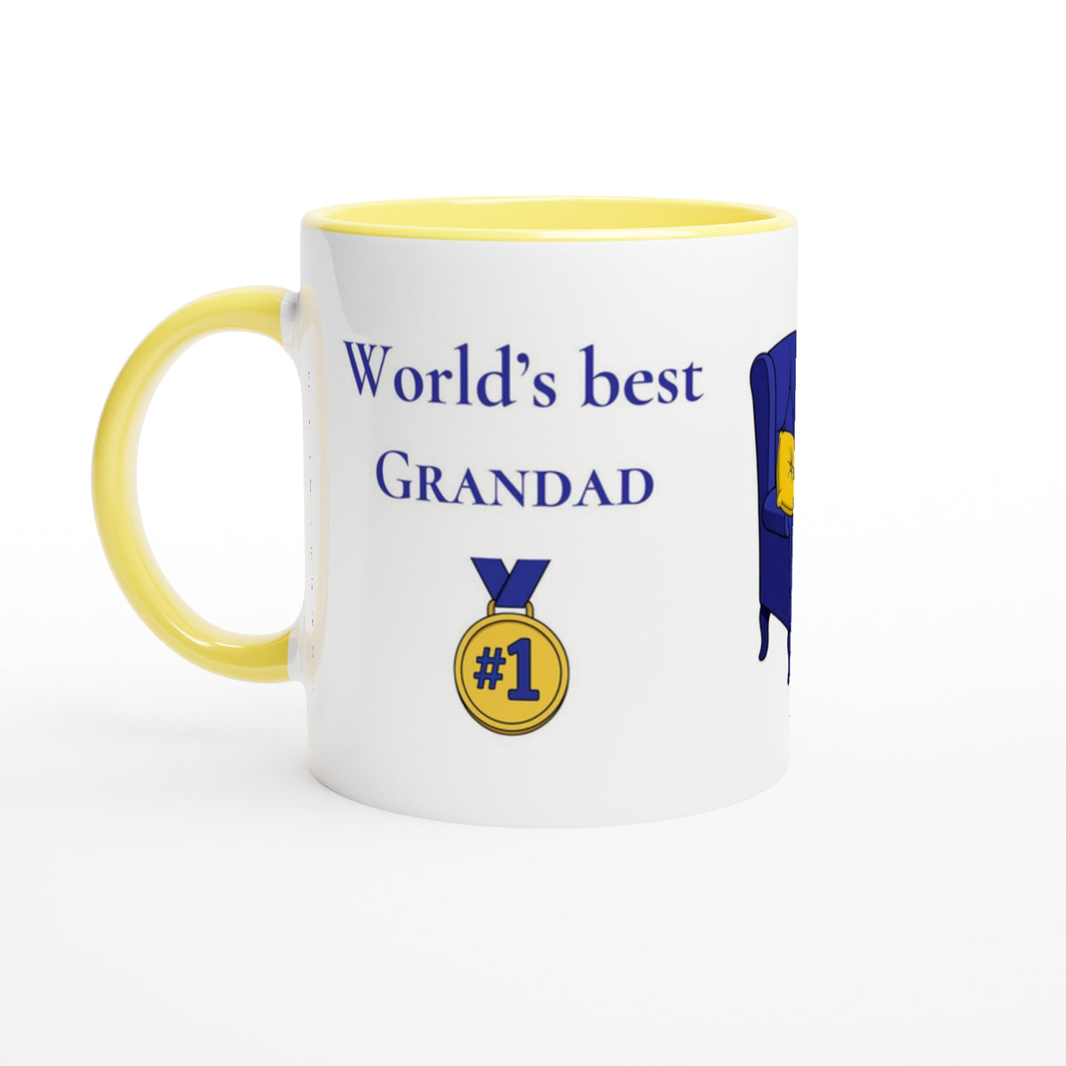 A white ceramic mug with a yellow interior and handle, printed with the text 'World's best GRANDAD' in blue, a gold '#1' medal graphic, and part of a blue and yellow ribbon design on a white background.