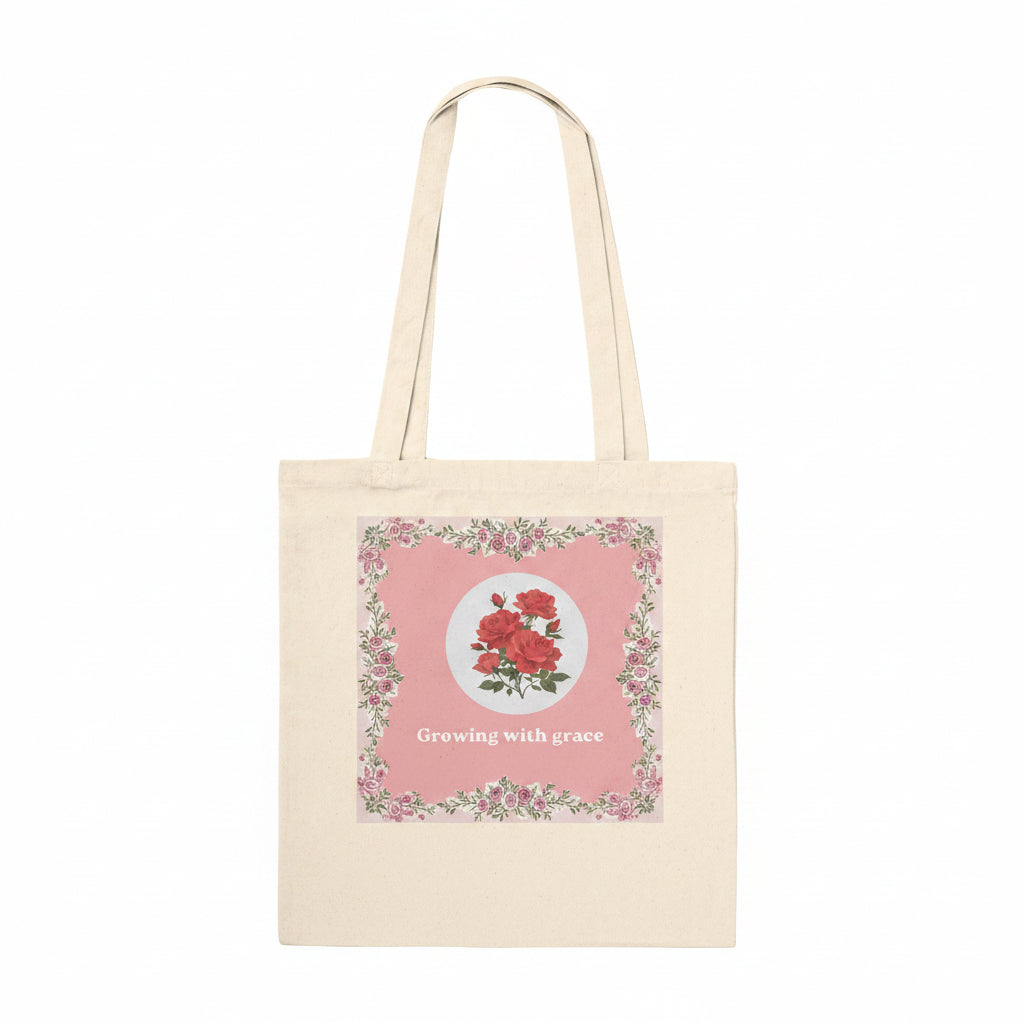 A natural canvas tote bag with a pink floral graphic on the front featuring red roses and the text 'Growing with grace'.