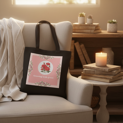 A black tote bag with a pink floral graphic and the words 'Growing with grace' resting on a beige armchair in a cozy living room setting.
