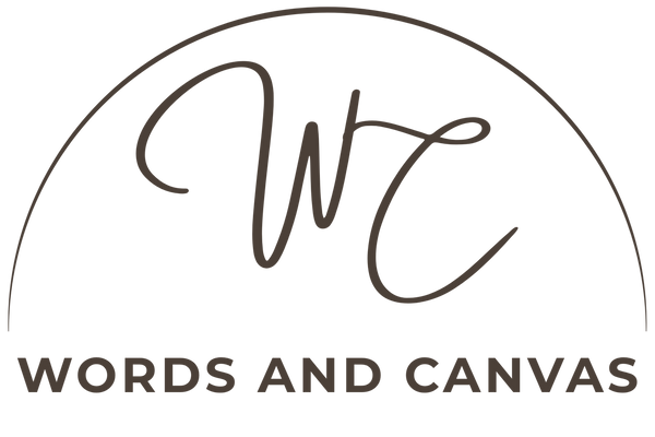 The logo for Words and Canvas, featuring a stylized 'Wc' monogram inside a thin arch above the words 'WORDS AND CANVAS' in a clean serif font, all on a solid white background.