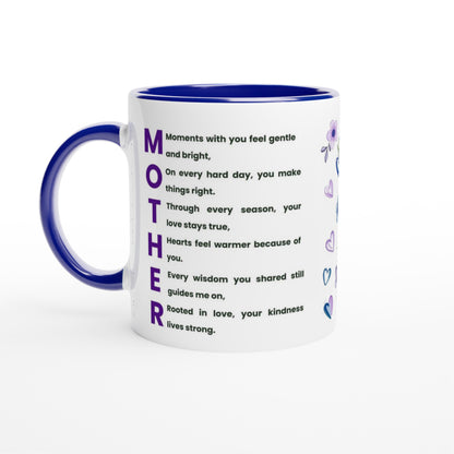 A white ceramic mug with a dark blue interior, handle, and rim, featuring a printed poem on the side with the word 'MOTHER' in large purple letters and small purple heart illustrations.