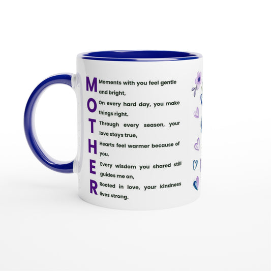 A white ceramic mug with a dark blue interior, handle, and rim, featuring a printed poem on the side with the word 'MOTHER' in large purple letters and small purple heart illustrations.