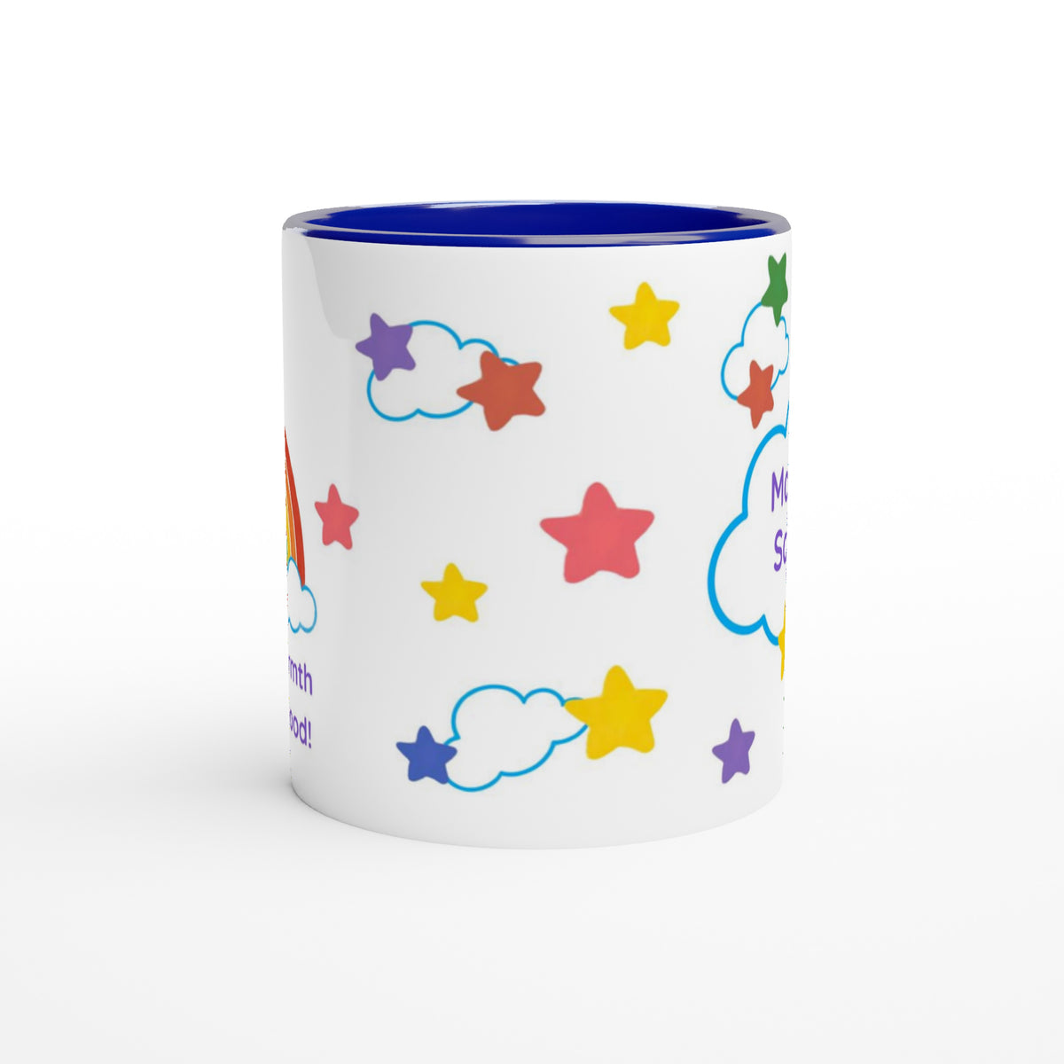 A white ceramic mug with a blue interior, decorated with colorful cartoon stars and clouds on a clean white background.