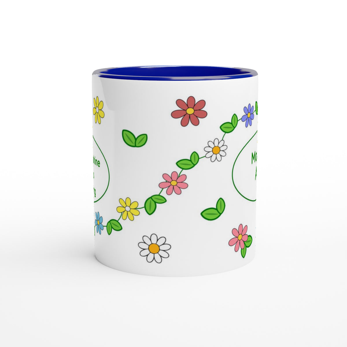 A white ceramic mug with a vibrant blue interior, decorated with a colorful pattern of daisies, flowers, and green leaves, shown on a clean white background.