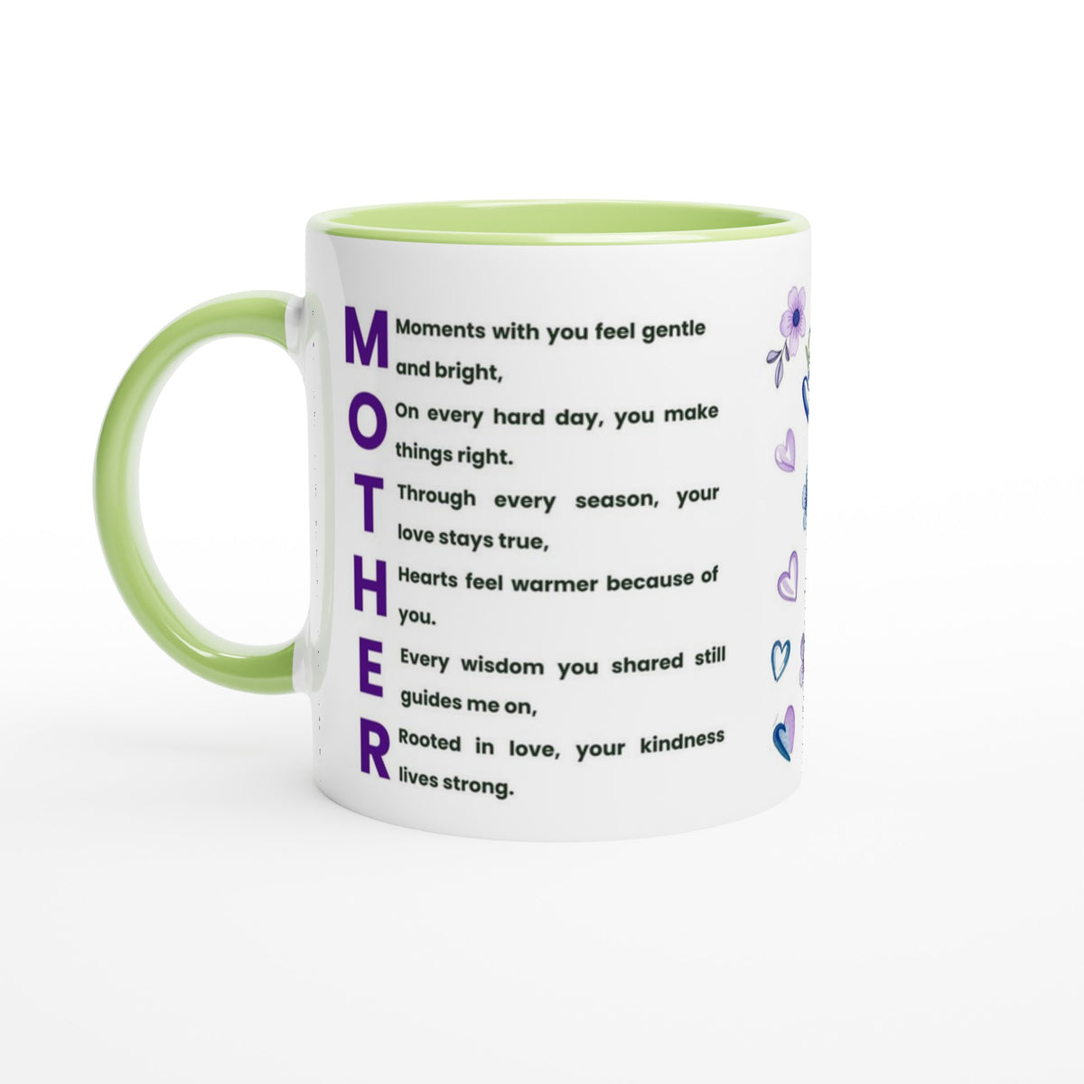 A white ceramic mug with a light green handle and interior, featuring a printed poem on the side with the word 'MOTHER' in large purple letters and small purple heart illustrations.