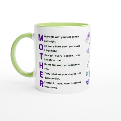 A white ceramic mug with a light green handle and interior, featuring a printed poem on the side with the word 'MOTHER' in large purple letters and small purple heart illustrations.