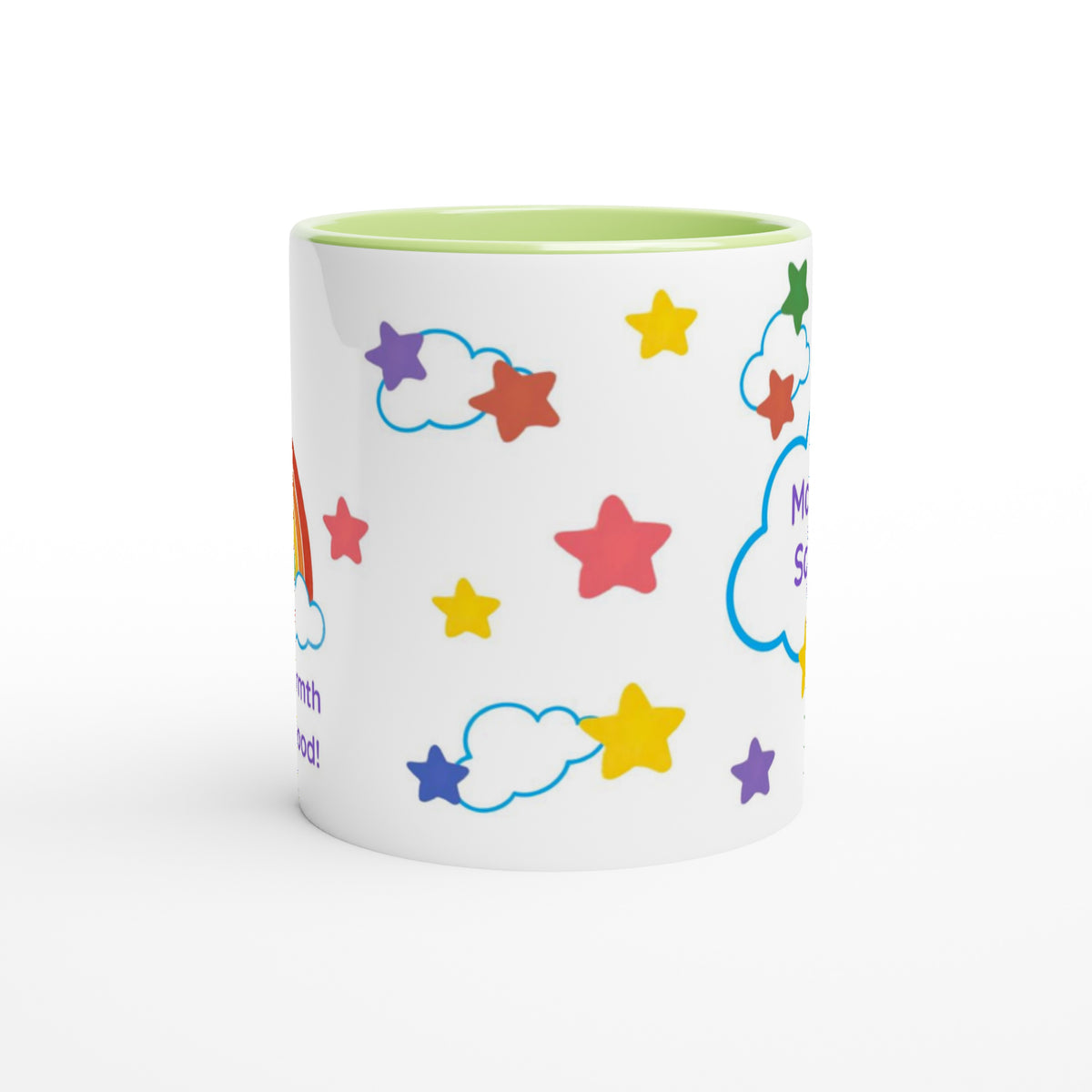 A white ceramic mug with a light green interior, decorated with colorful star and cloud illustrations on a white background.