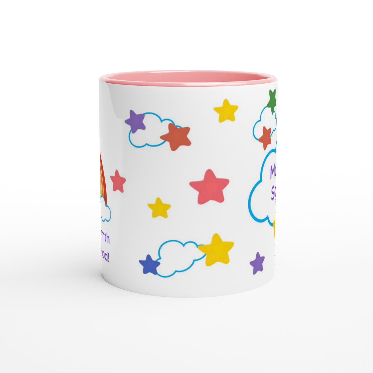 A white ceramic mug with a pink interior and exterior star-and-cloud pattern, shown on a clean white background.