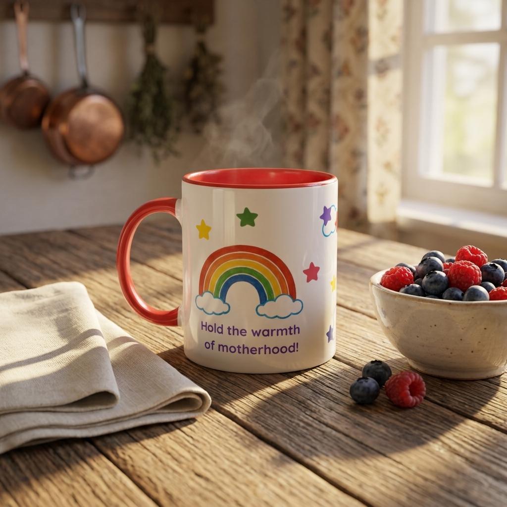 A white ceramic mug with a red handle and interior, printed with a rainbow, stars, and the phrase 'Hold the warmth of motherhood!', set on a wooden table in a kitchen scene with berries and a folded napkin nearby.