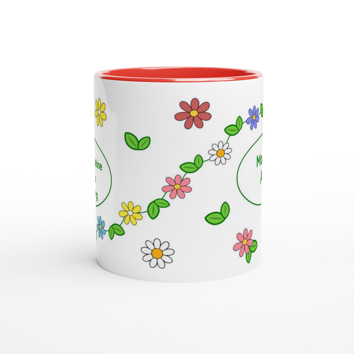 A white ceramic mug with a red interior, decorated with a colorful pattern of small flowers and green leaves, shown on a clean white background.
