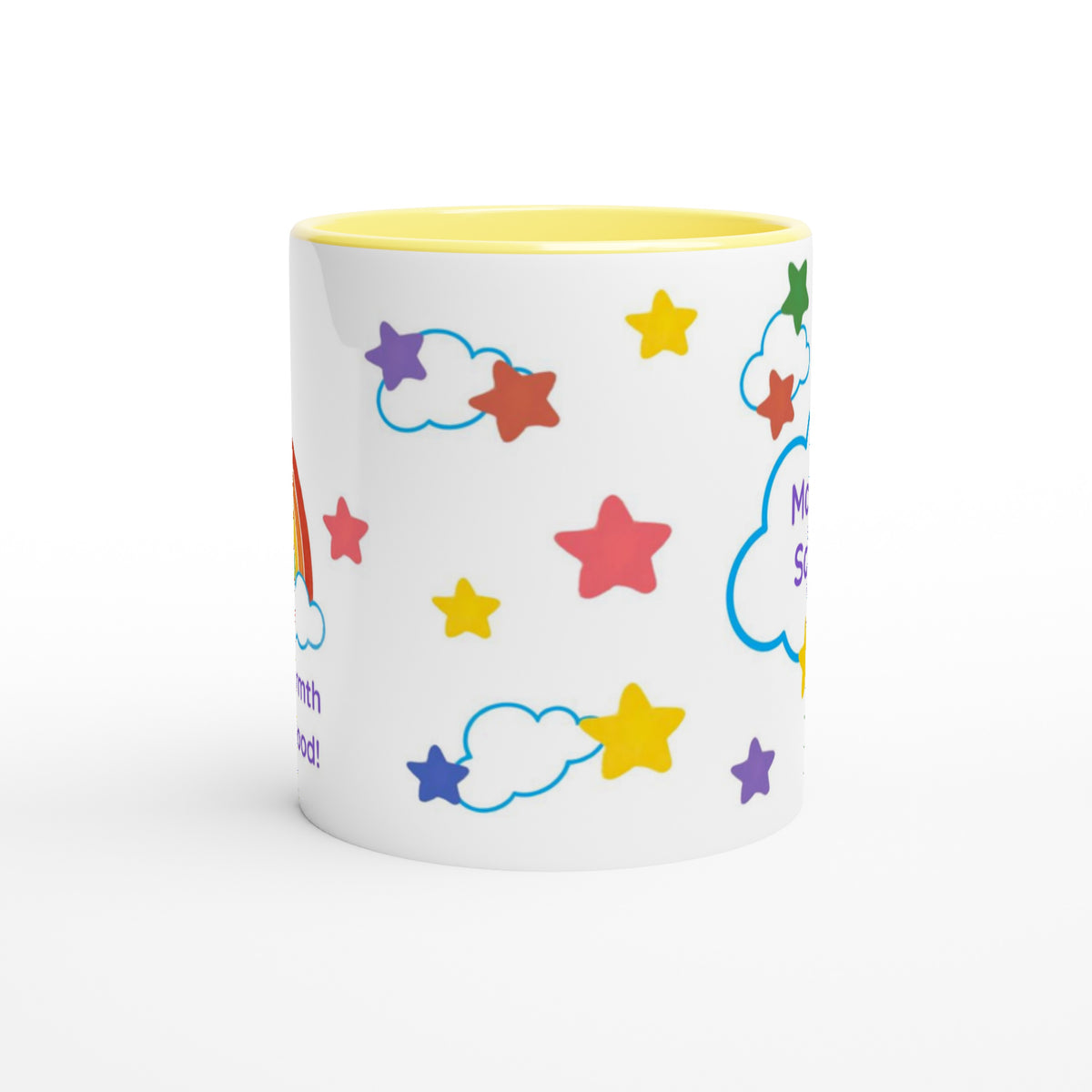 A white ceramic mug with a yellow interior and lid, decorated with a playful pattern of colorful stars and blue-outlined clouds on a white background.