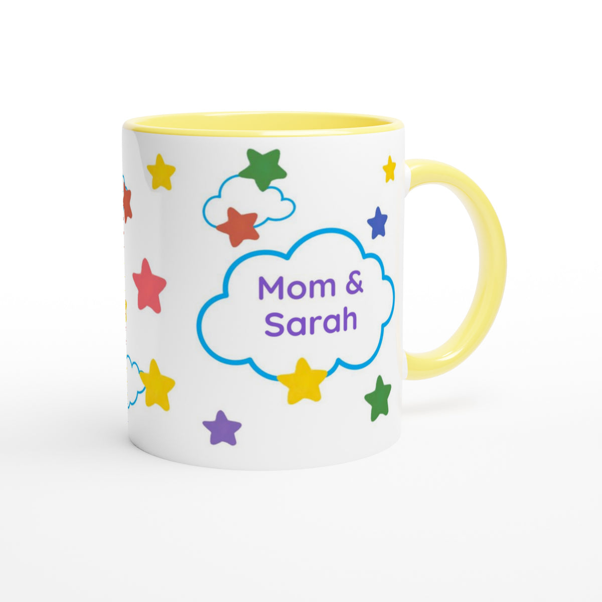 A white ceramic mug with a yellow interior and handle, decorated with colorful stars and a blue cloud containing the text 'Mom & Sarah' in purple, on a white background.