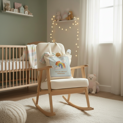 A styled nursery scene with a wooden rocking chair in the foreground holding a tote bag printed with a rainbow and the words 'Carry the colours of motherhood.' A crib, shelves with toys, string lights, and a window with sheer curtains are visible in the softly lit room.