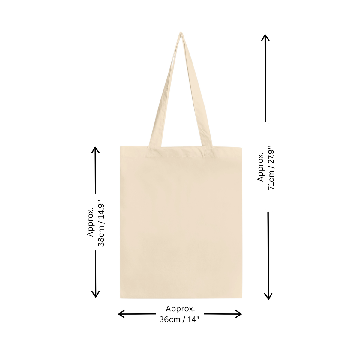 A plain canvas tote bag shown on a white background with black dimension arrows and text indicating approximate height of 71 cm (22.9 inches) and width of 36 cm (14 inches).
