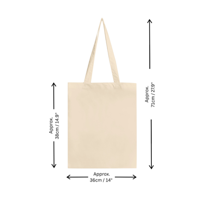 A plain canvas tote bag shown on a white background with black dimension arrows and text indicating approximate height of 71 cm (22.9 inches) and width of 36 cm (14 inches).