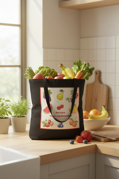 A black fabric tote bag with a colorful fruit and vegetable print on the front, filled with fresh produce, sitting on a wooden kitchen counter.