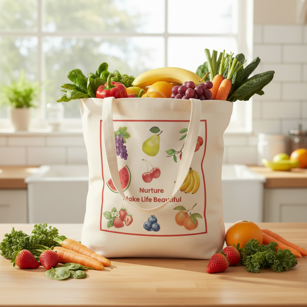 A cream canvas grocery tote bag with a colorful fruit print and the text 'Nurture Make Life Beautiful,' filled with fresh produce including bananas, grapes, carrots, spinach, strawberries, and oranges, set on a wooden kitchen counter.