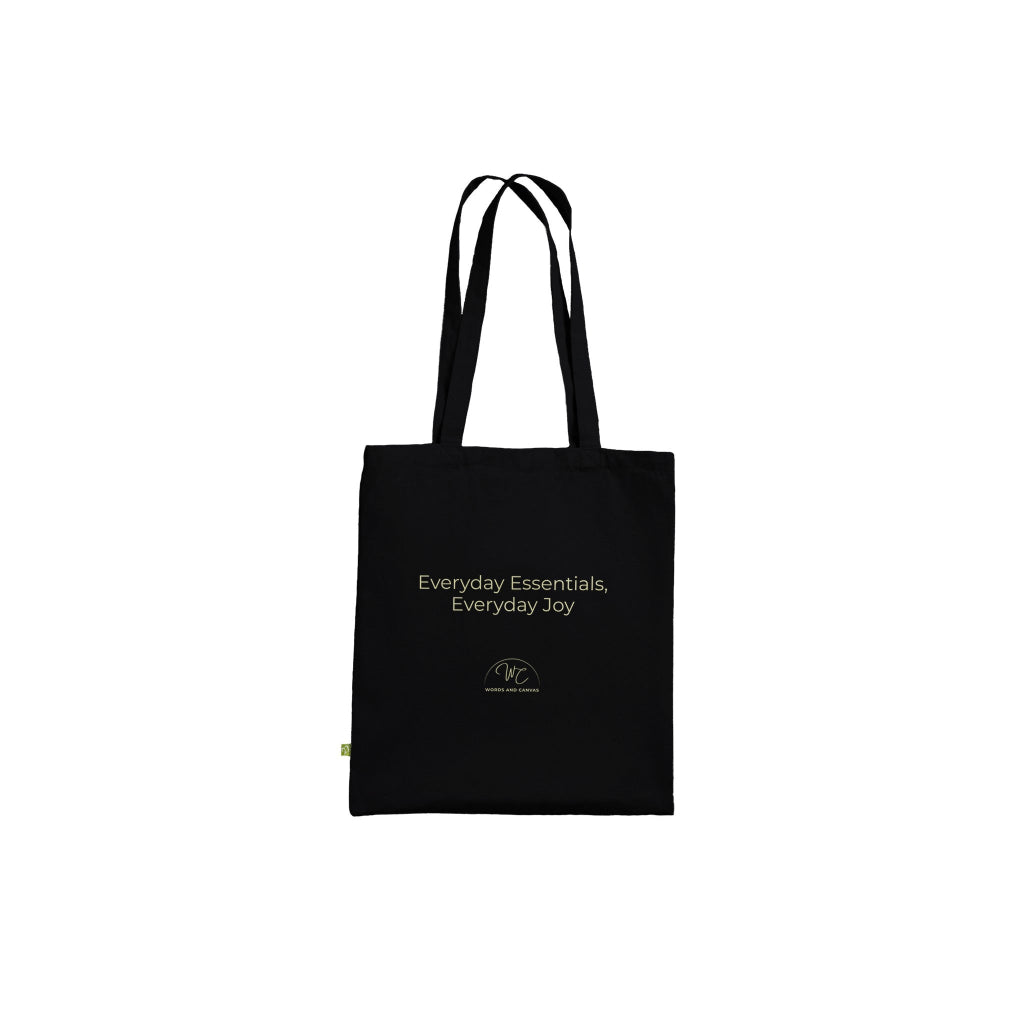 Black tote bag with a logo on a white background