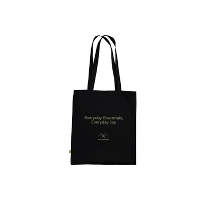 Black tote bag with a logo on a white background