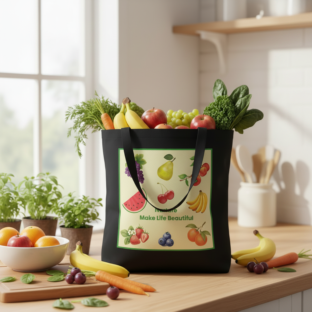 A black fabric tote bag filled with fresh fruits and vegetables sits on a kitchen counter. The front of the bag has a colorful fruit illustration and the text 'Nurture Make Life Beautiful'.