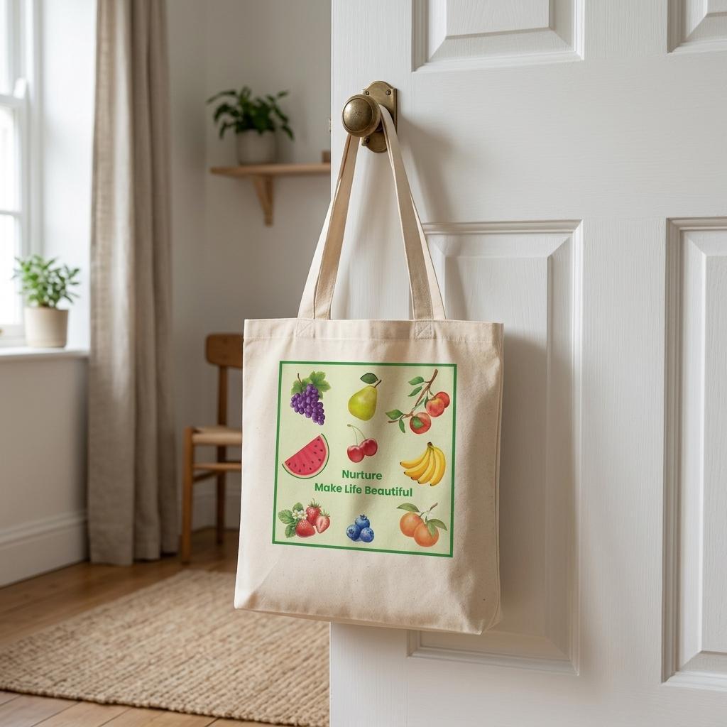 A beige canvas tote bag with a colorful fruit illustration and the text 'Nurture Make Life Beautiful' hanging from a brass doorknob on a white paneled door in a bright room.