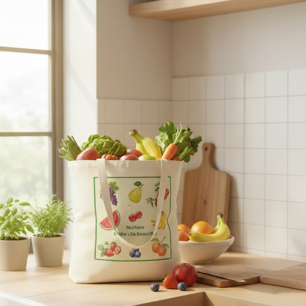 A cream canvas grocery tote bag with a colorful fruit and vegetable illustration and the text 'Nurture Life Beautiful!' sits on a wooden kitchen counter, filled with fresh produce. The background shows a bright, modern kitchen with white tiled walls, a wooden cutting board, and a bowl of fruit.