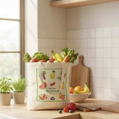 A cream canvas grocery tote bag with a colorful fruit and vegetable illustration and the text 'Nurture Life Beautiful!' sits on a wooden kitchen counter, filled with fresh produce. The background shows a bright, modern kitchen with white tiled walls, a wooden cutting board, and a bowl of fruit.