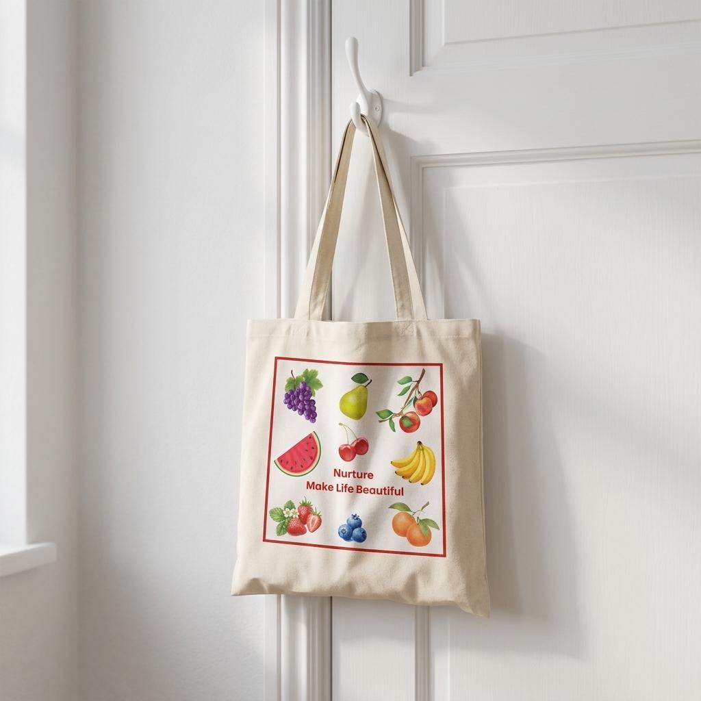 A beige canvas tote bag with fruit illustrations and the text 'Nurture Life Make Life Beautiful' hanging from a white hook on a white paneled door.